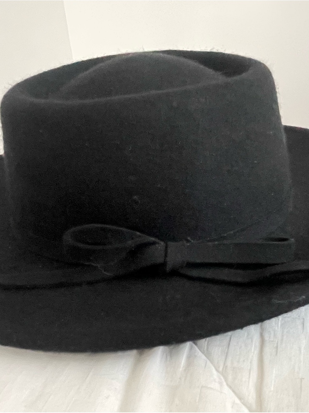 World Market Black Wool Felt Wide Brim Flat Top Boater Hat Bow Trim OS
